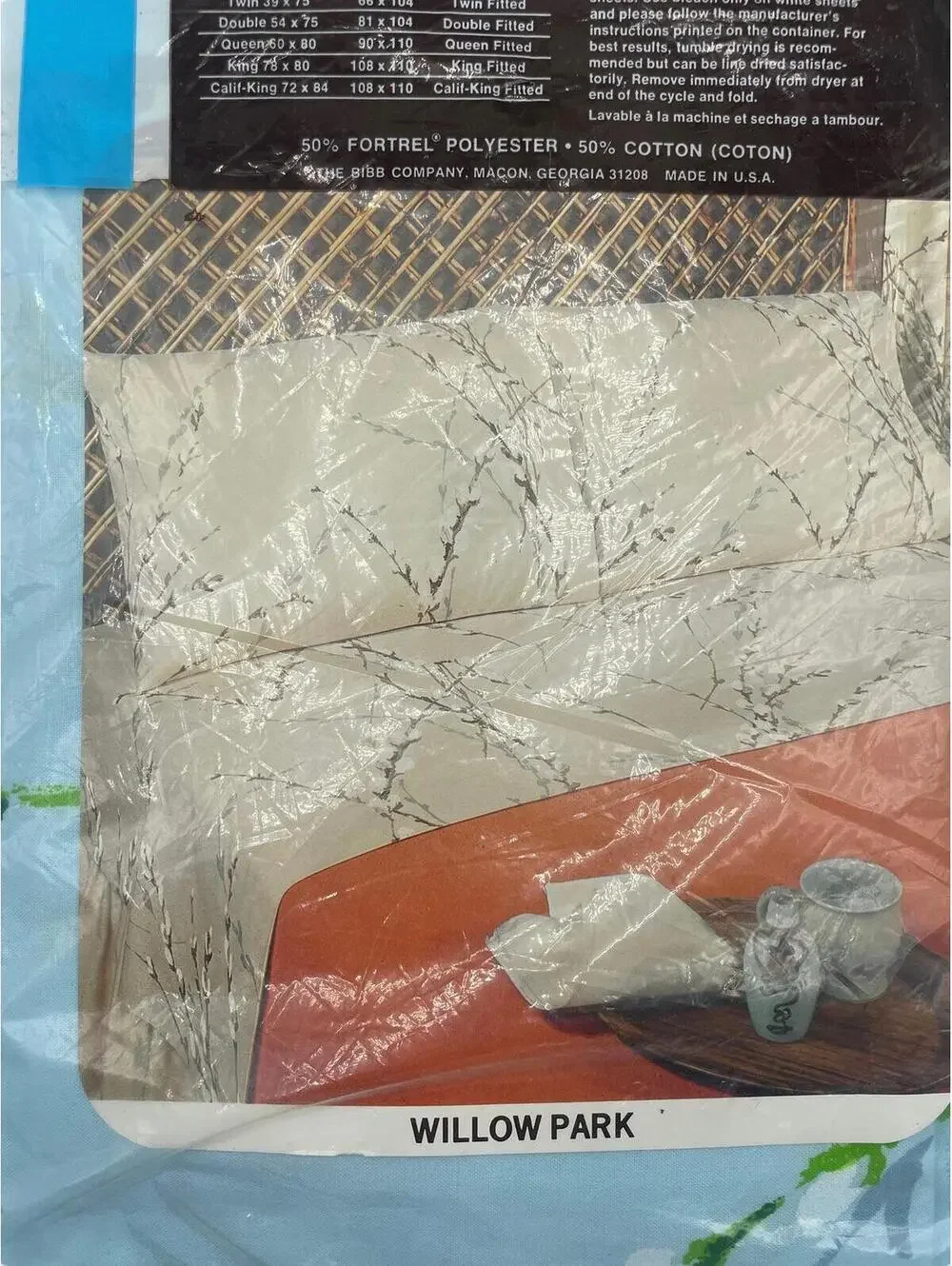 NOS Willow Bibb Park Full Flat Sheet: Vintage Blue Green Floral Cotton Blend